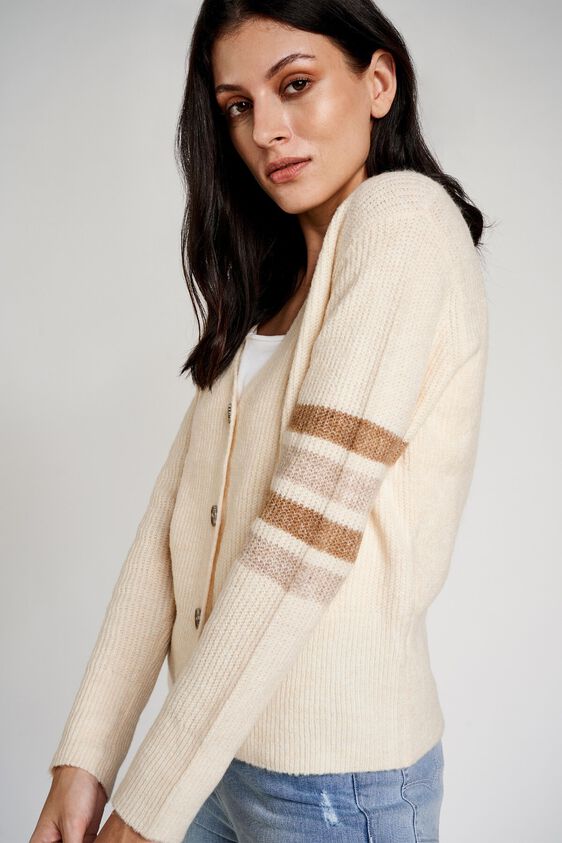 3 - Cream Stripes V-Neck Sweater Shrug, image 3