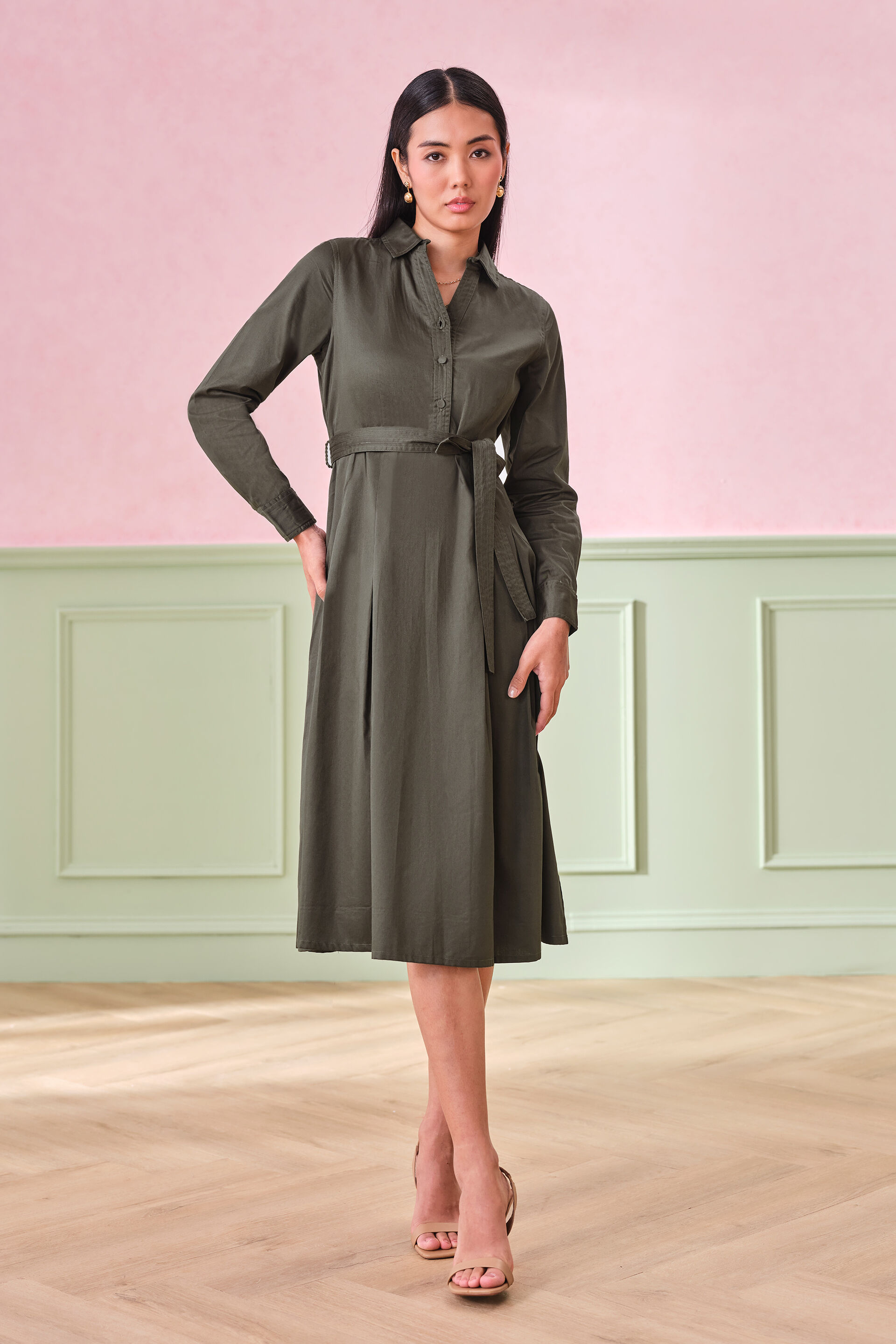 Infinity Pleated Dark Olive Cotton Dress, Olive, image 2