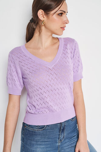 Self Design V-Neck Top, Lilac, image 1