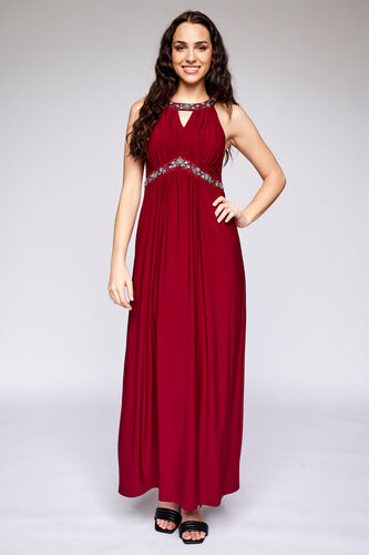 Wine Solid Flared Gown, Wine, image 8