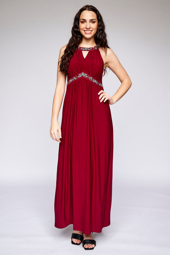 Wine Solid Flared Gown, Wine, image 8