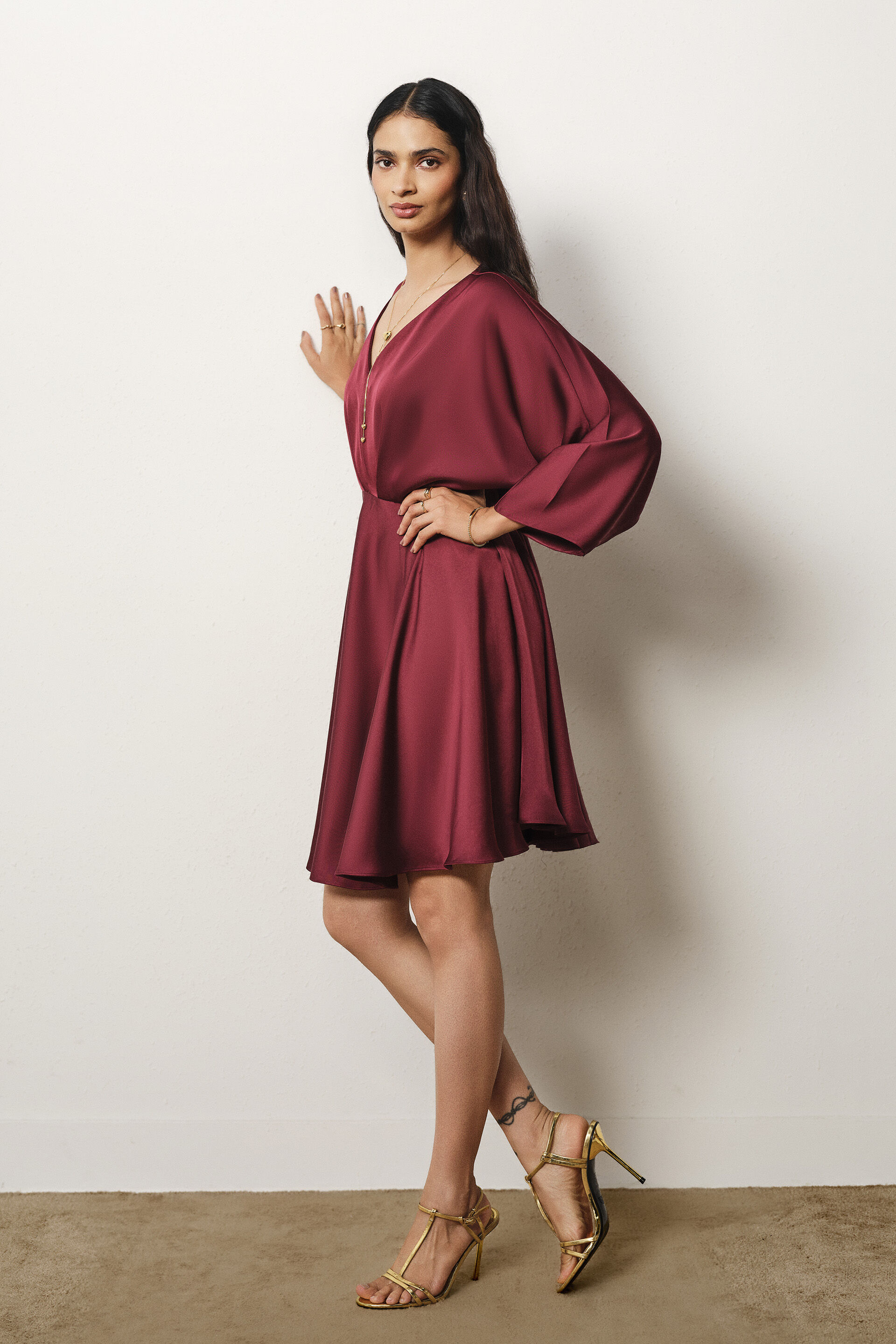 Flutter Sleeves Satin Dress in Wine, Wine, image 4