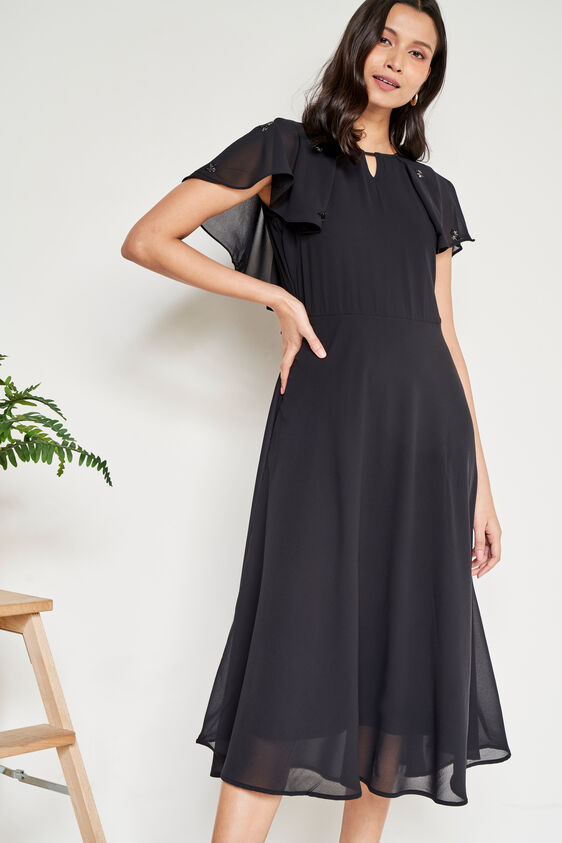 Black Solid Flared Dress, Black, image 4