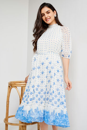 Blue and White Floral Flared Dress, Blue, image 2