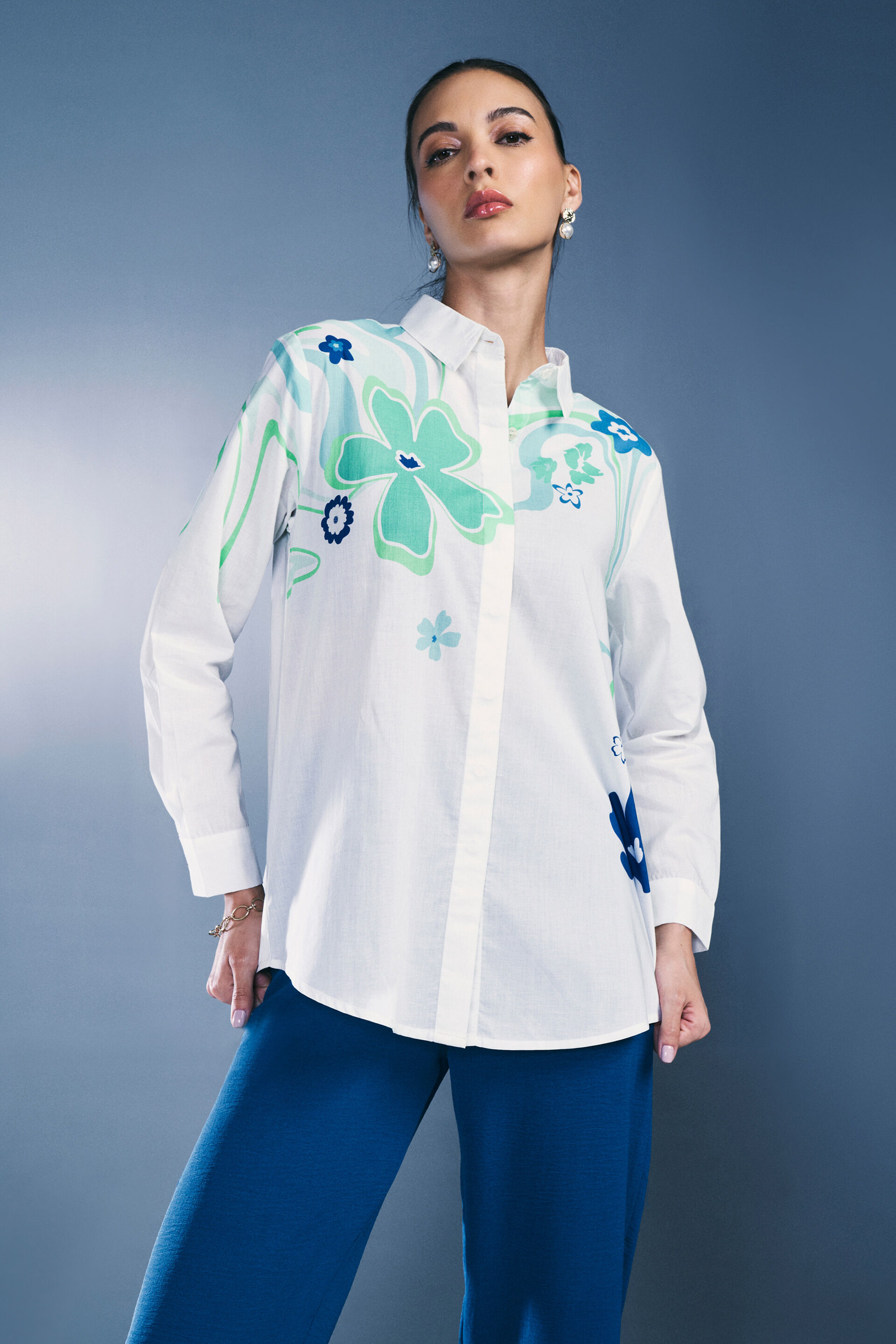 Floral Splash Cotton Shirt, White, image 1