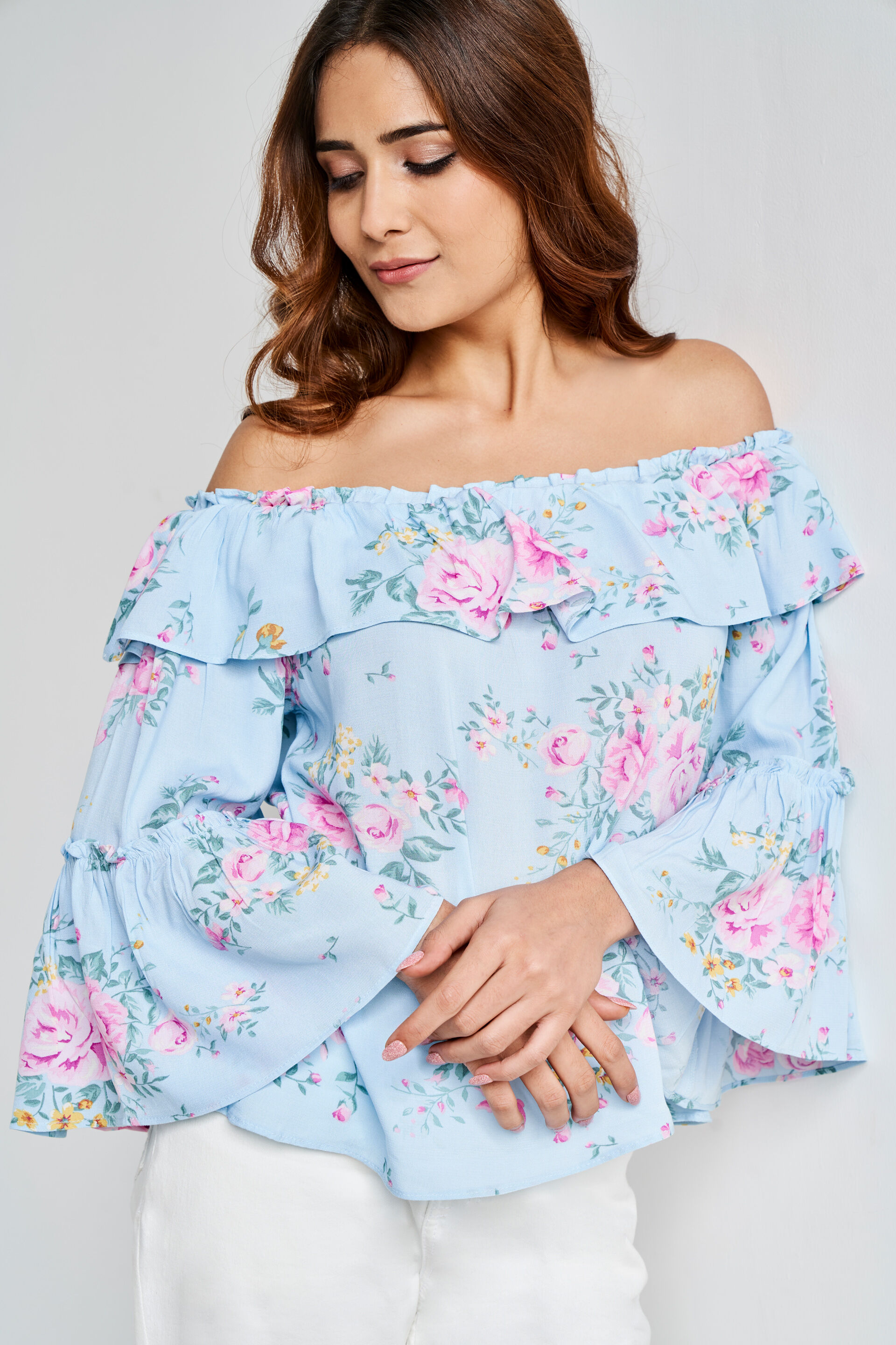 Powder Blue Floral Flared Top, Powder Blue, image 2