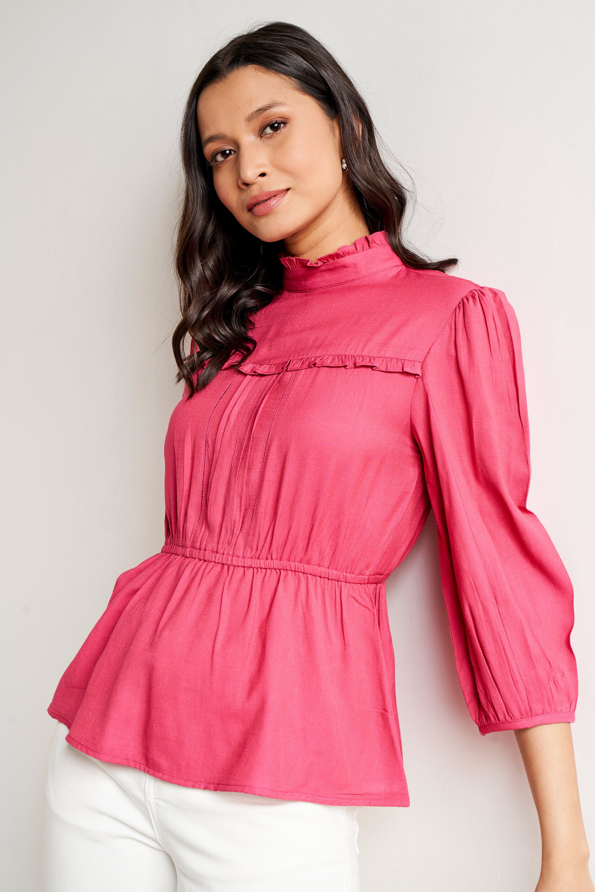 Cranberry Solid Flounce Top, Cranberry, image 4