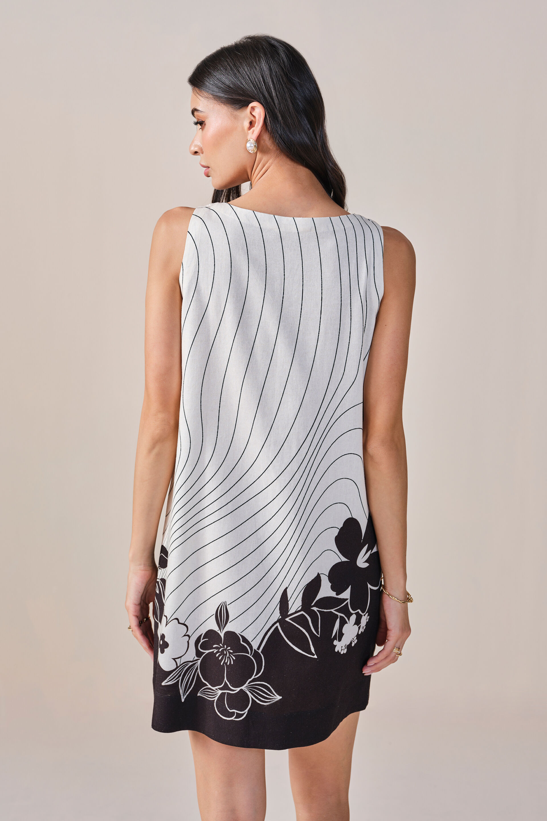 Monochrome Blossom Viscose Linen Blend Dress, White, image 5