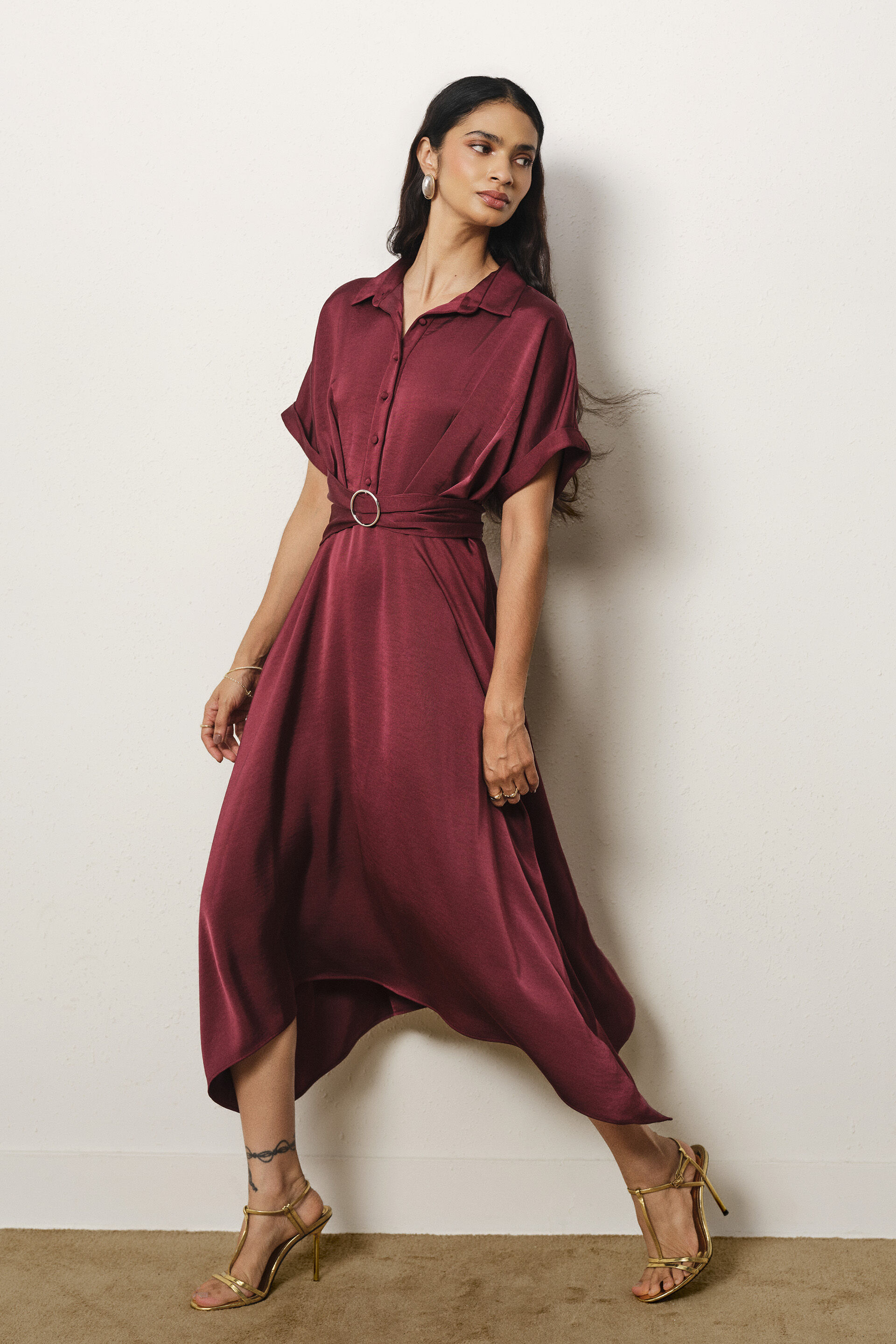 Asymmetric Satin Dress in Wine, Maroon, image 3