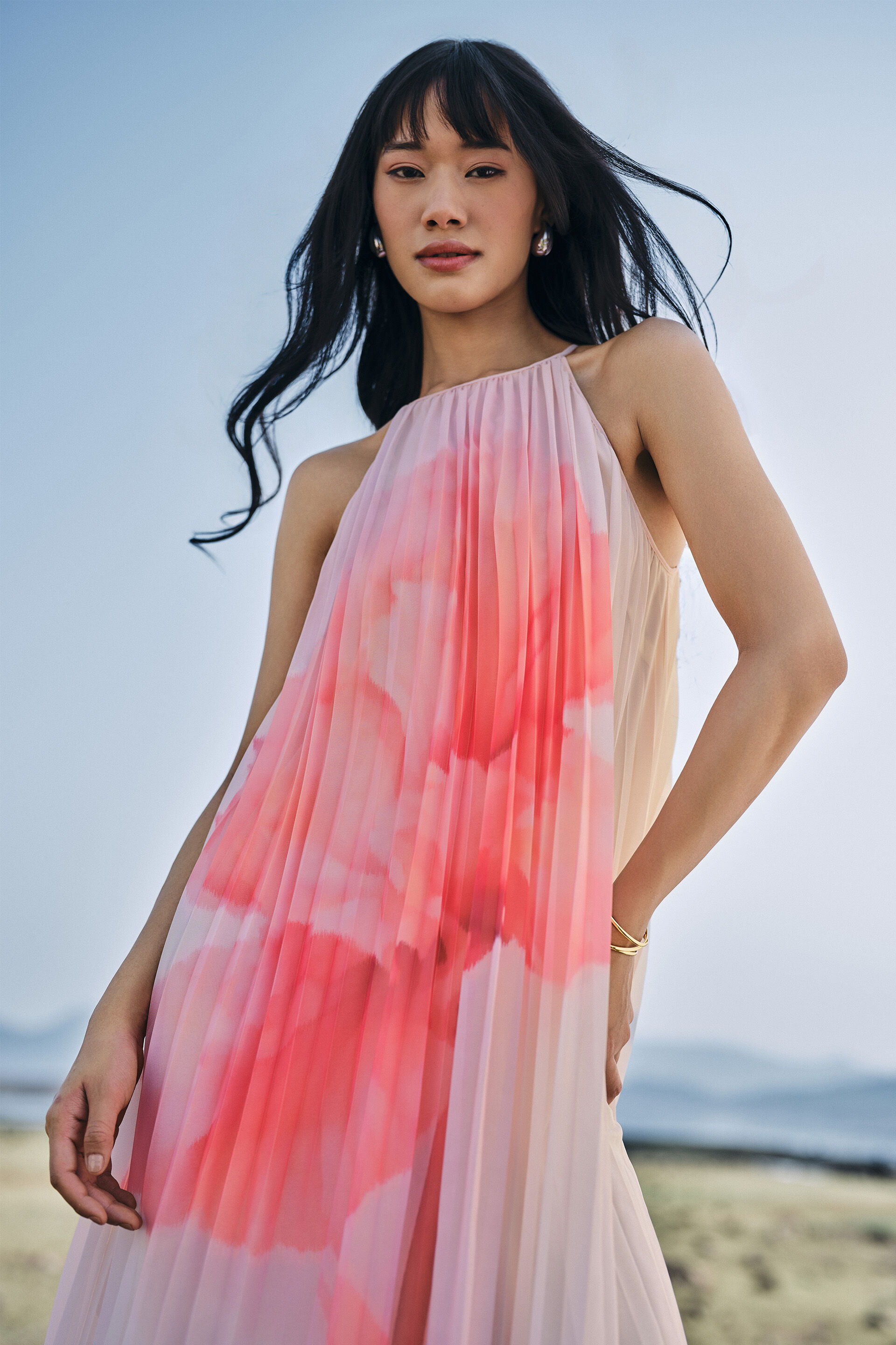 strapless open back dress Tulip Blush Pink Pleated High-Neck Midi Dress – Club L London main image 1