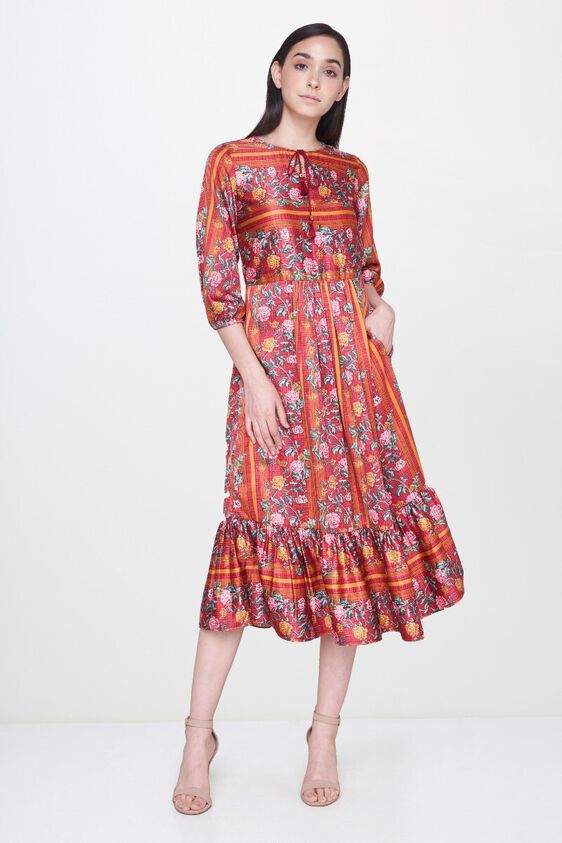 2 - Red Floral Round Neck Fit and Flare Midi Gown, image 2