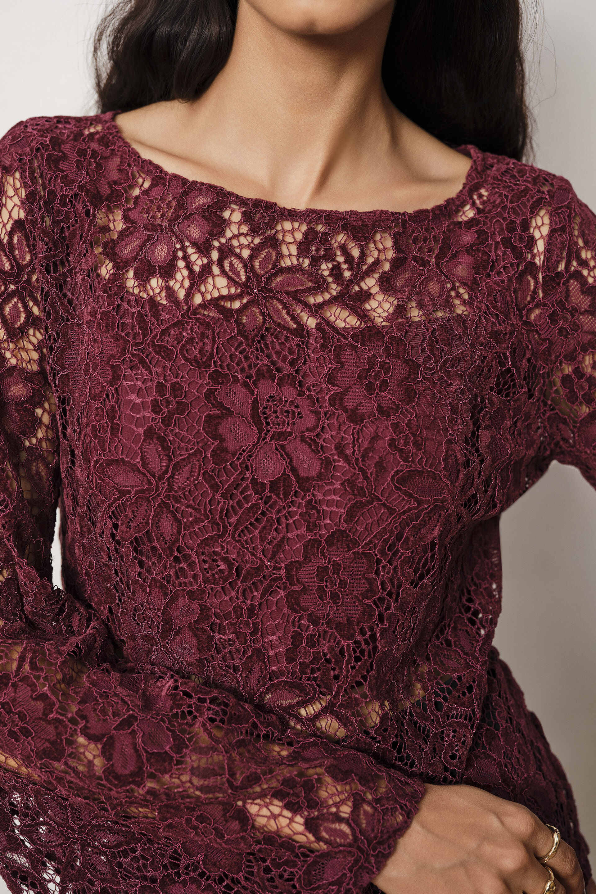 Lace Full Sleeves Top in Wine, Wine, image 2