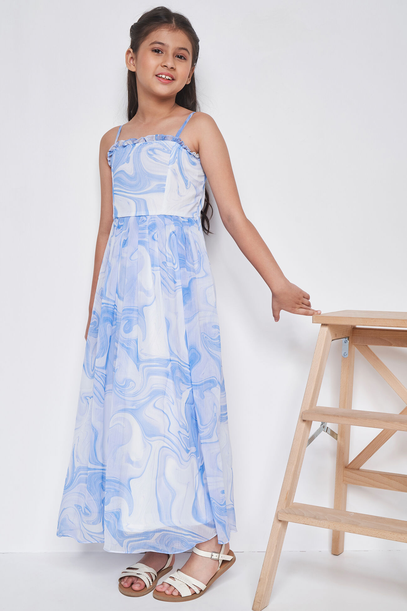 White and Blue Abstract Flared Gown, White, image 2