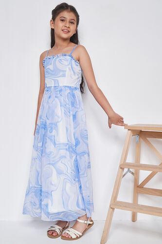 White and Blue Abstract Flared Gown, White, image 2