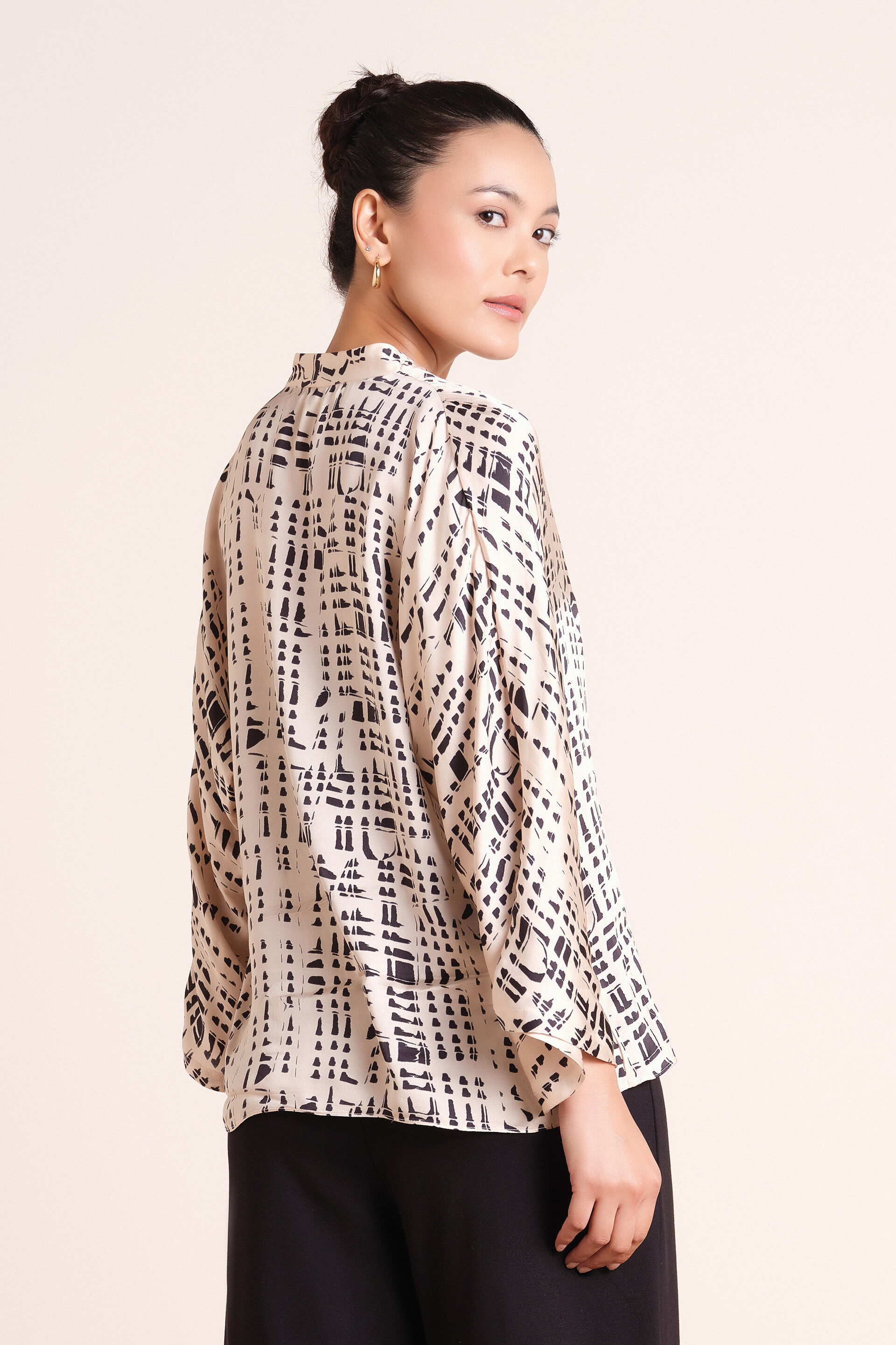 Printed Beige Modal Satin Top, Black, image 5