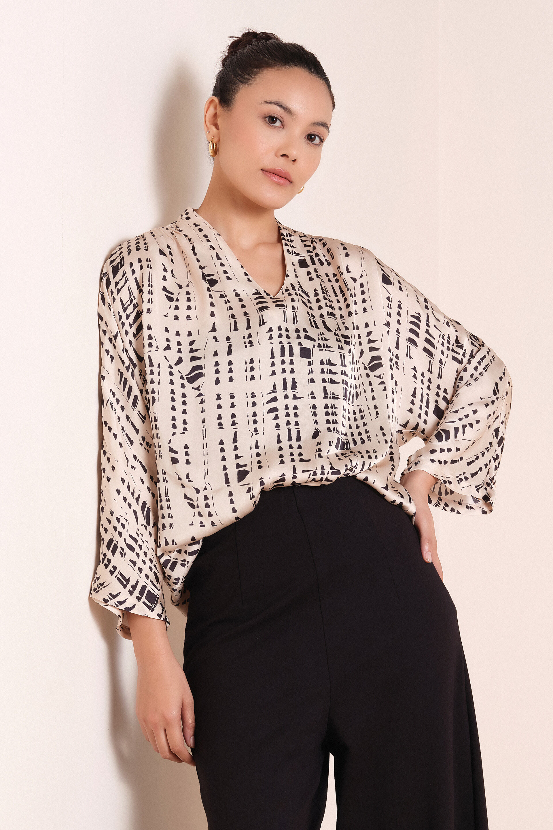 Printed Beige Modal Satin Top, Black, image 3