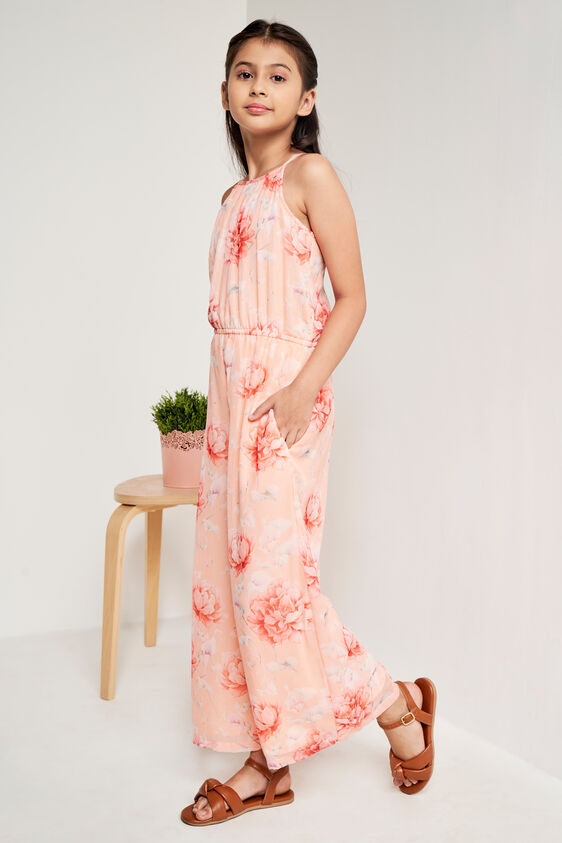 Peach And Orange Floral Straight Jump Suit, Peach, image 5