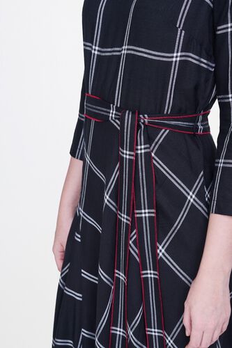 6 - Black Checks Waist Belt Fit and Flare Midi Dress, image 6