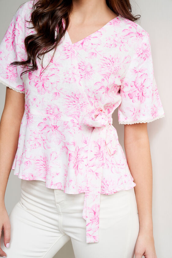 Cream Floral Wrap Top, Cream, image 5