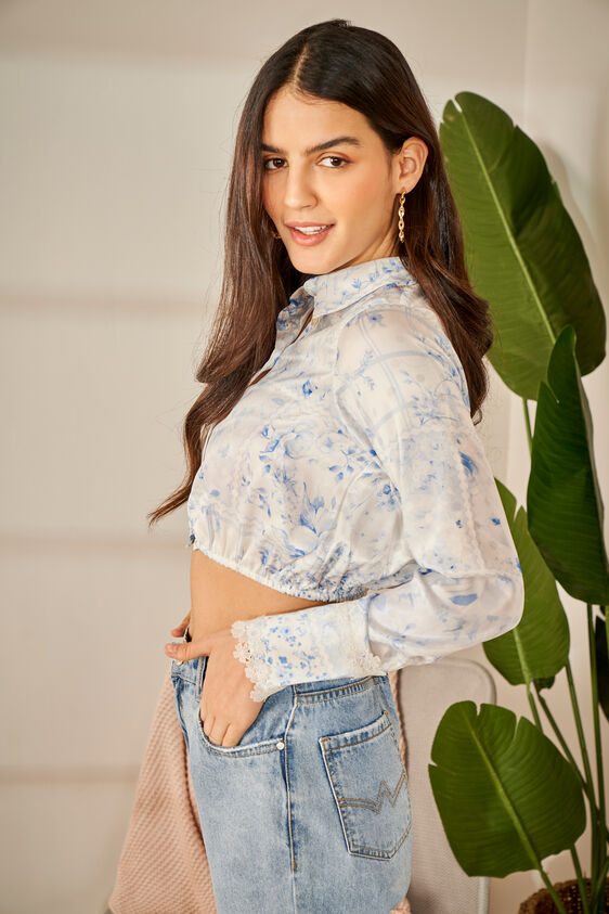 Blue and White Floral Shirt Style Top, Blue, image 3