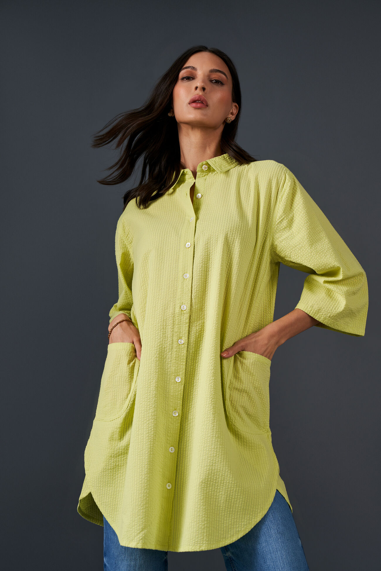 Lime Love Longline Cotton Shirt, Lime Green, image 3