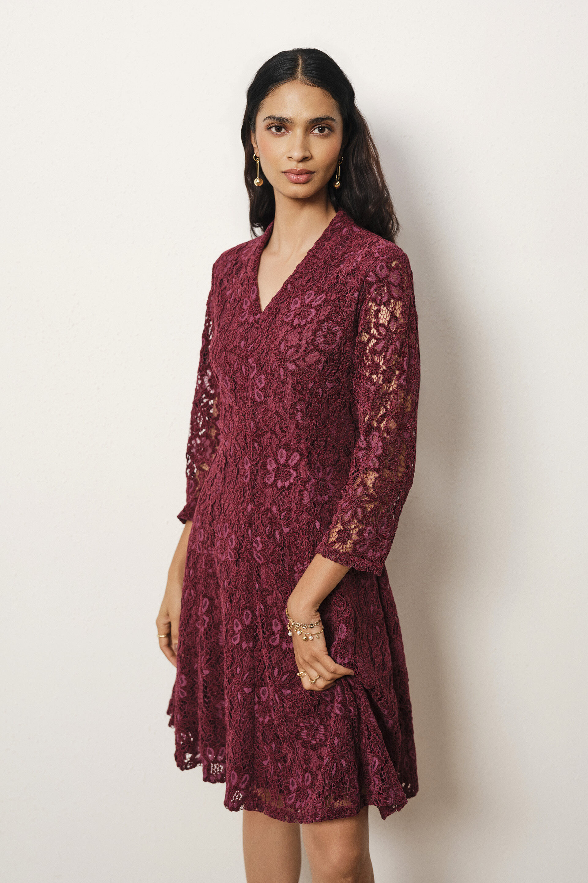 Lace Fit & Flare Dress in Wine, Wine, image 4