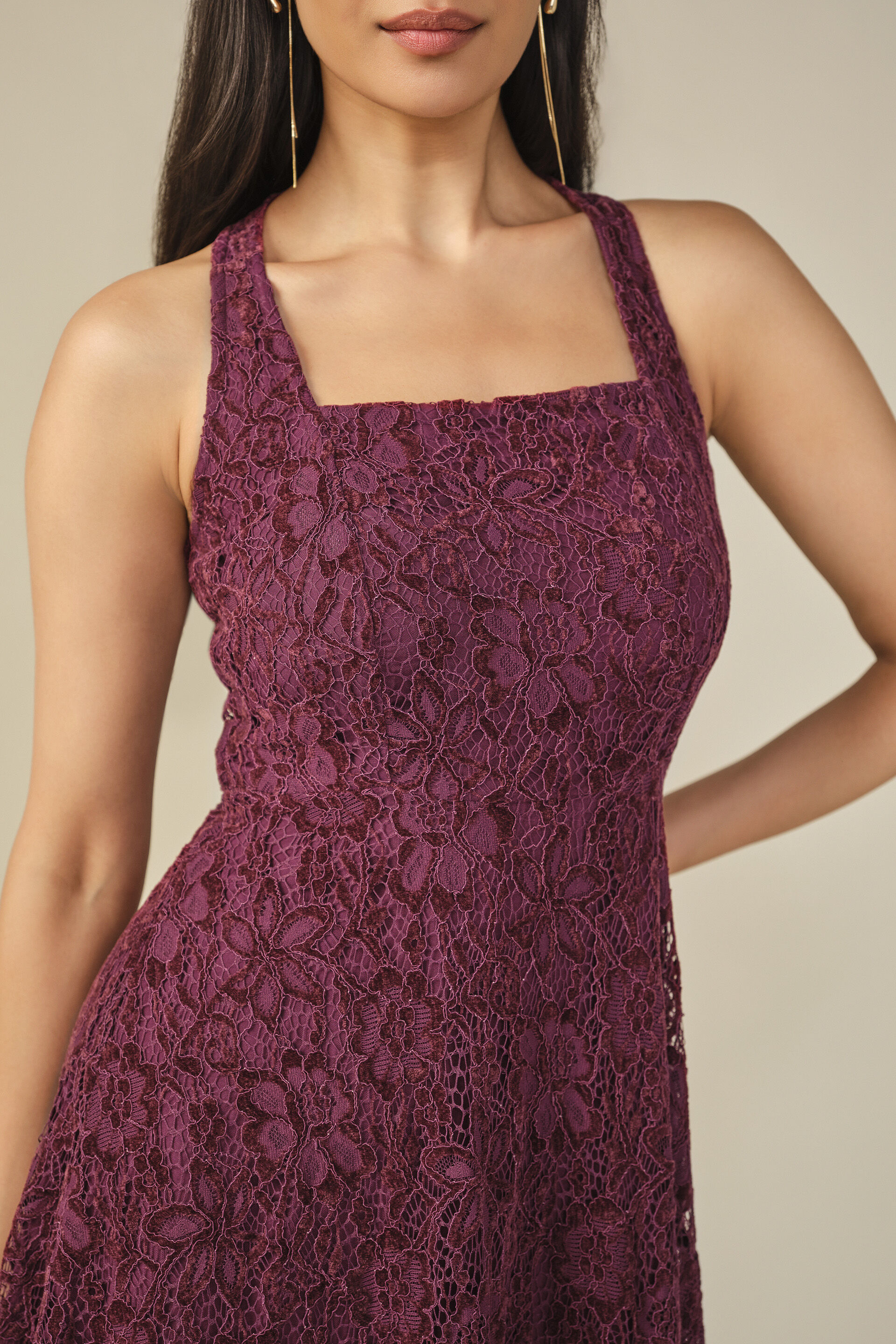 Lace Halter Dress in Wine, Wine, image 5