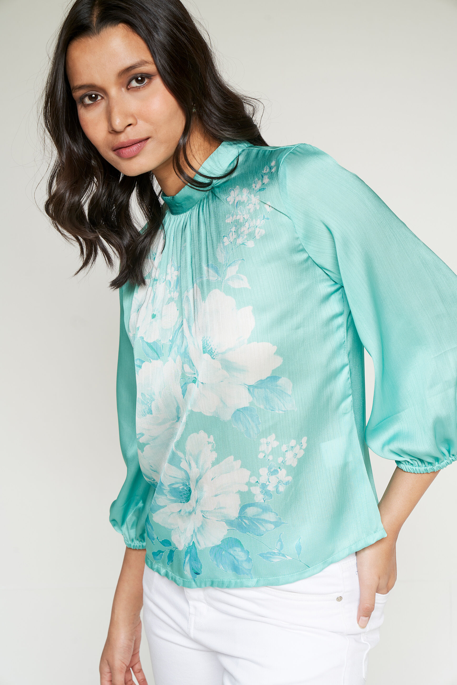 Mint Floral Satin Top, Mint, image 2