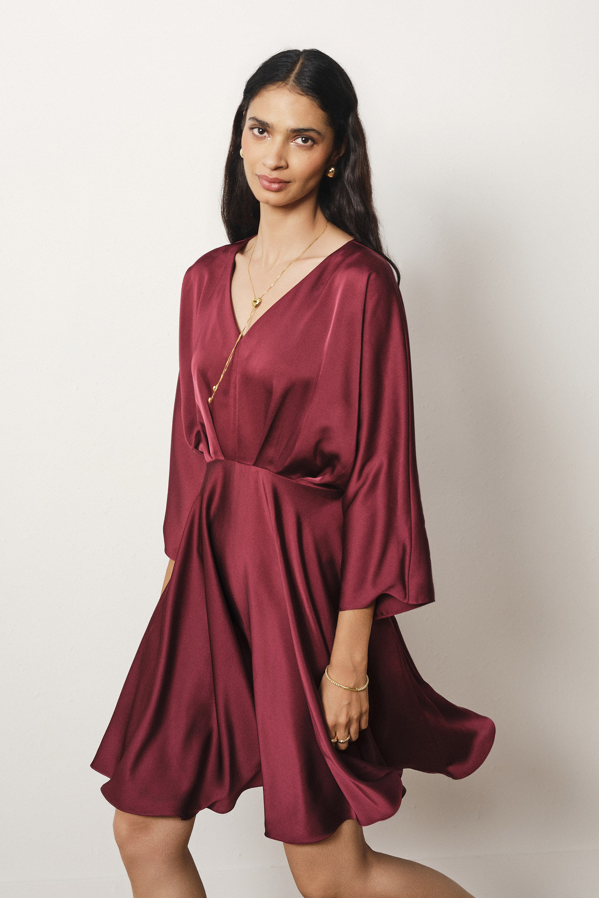 Flutter Sleeves Satin Dress in Wine, Wine, image 5