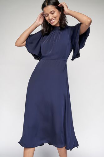1 - Navy Blue Solid Fit and Flare Dress, image 1