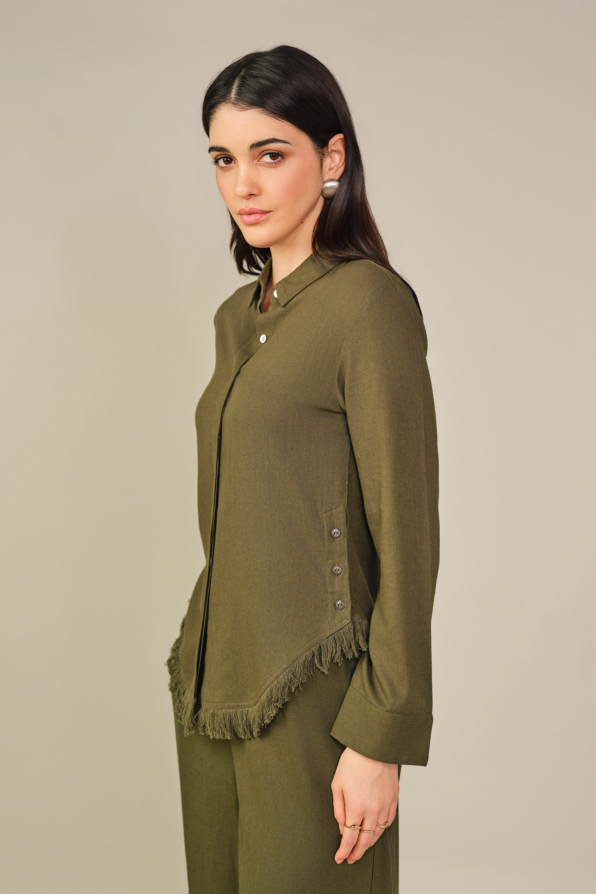 Solid Ruffle Detail Shirt in Olive, Olive, image 5
