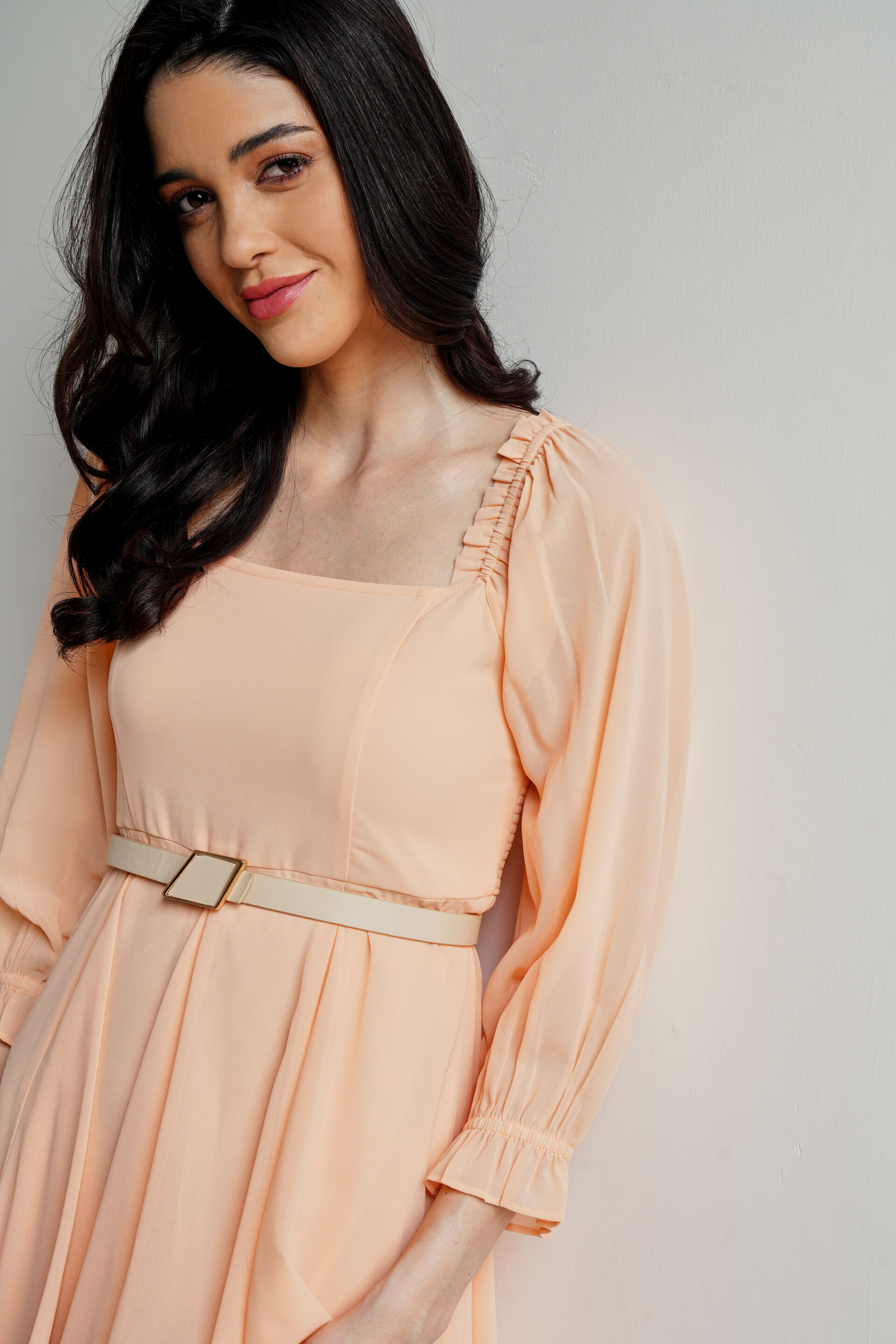 Peach Solid Flared Dress, Peach, image 6