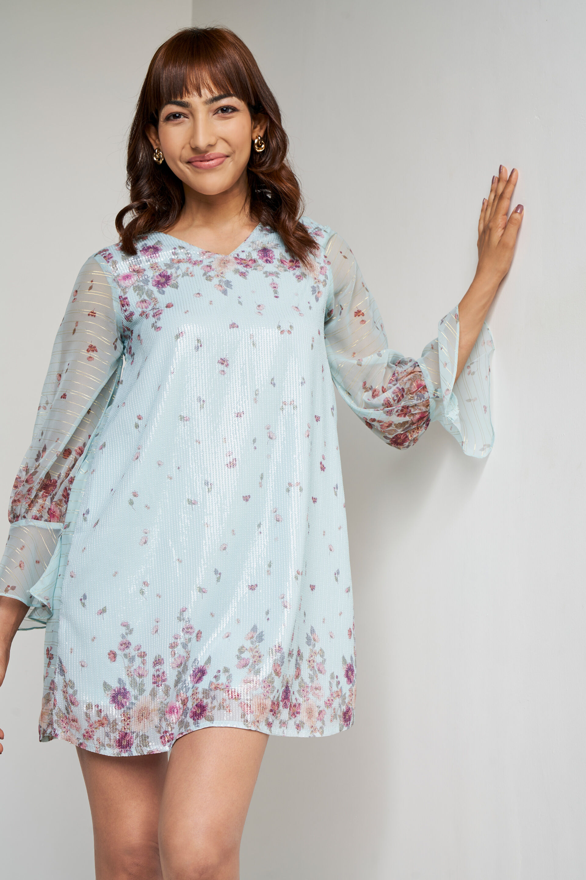 Powder Blue Floral Flared Dress, Powder Blue, image 2