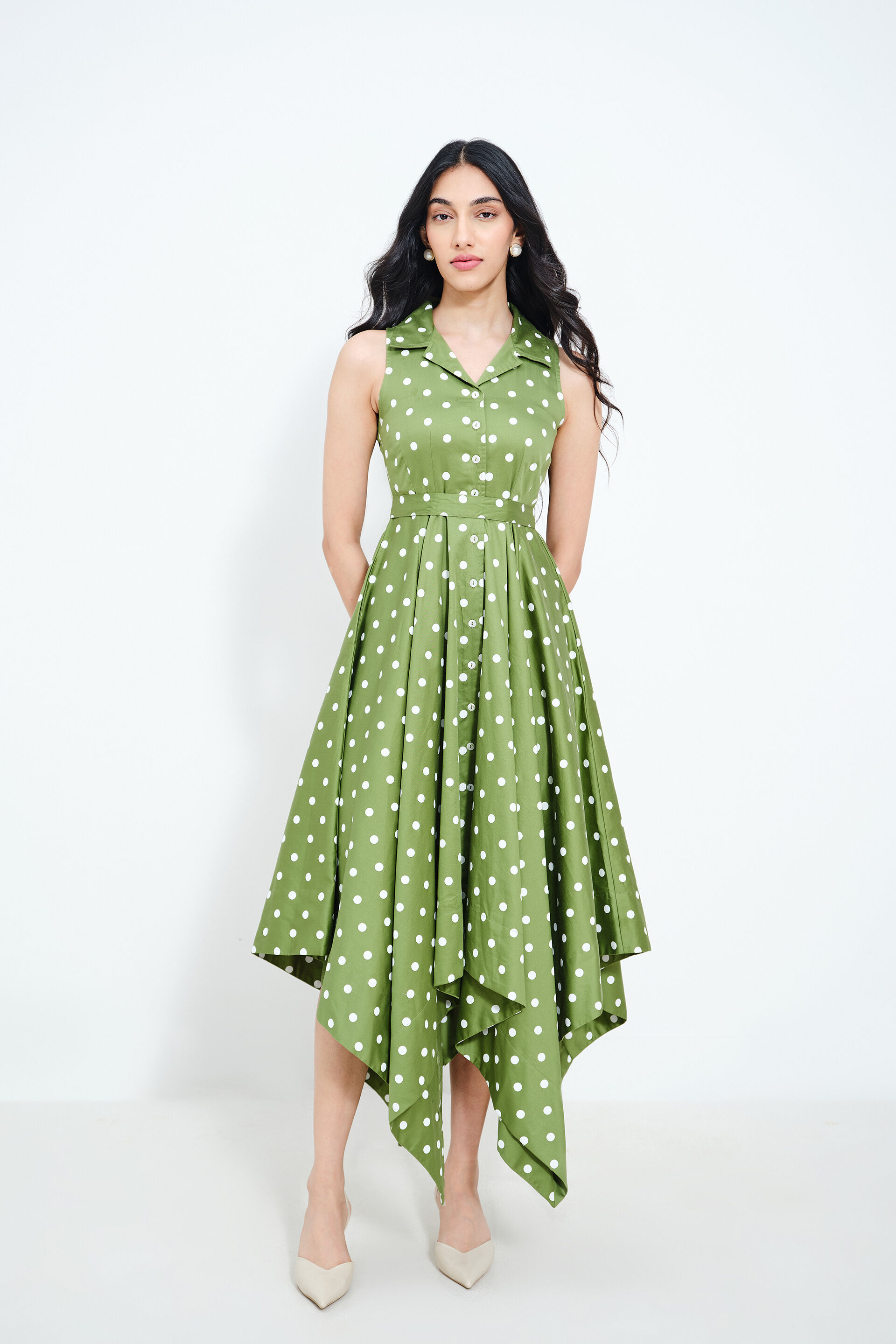 Buy Polka Candy Asymmetrical Cotton Dress Online for Women from AND India  F25V18DRT13_GRN_WHT