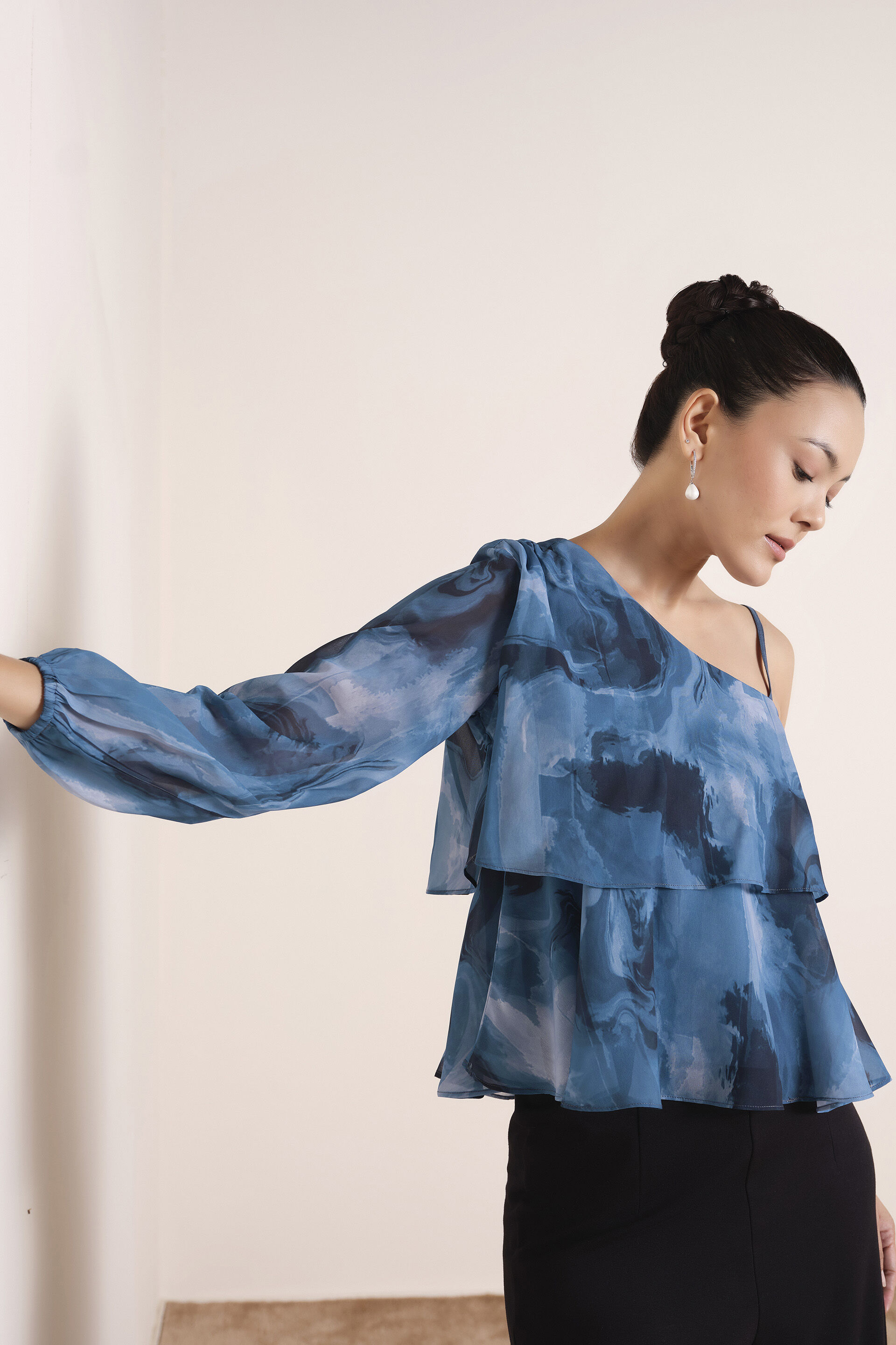 Splash of Blue One-Shoulder Top, Blue, image 3