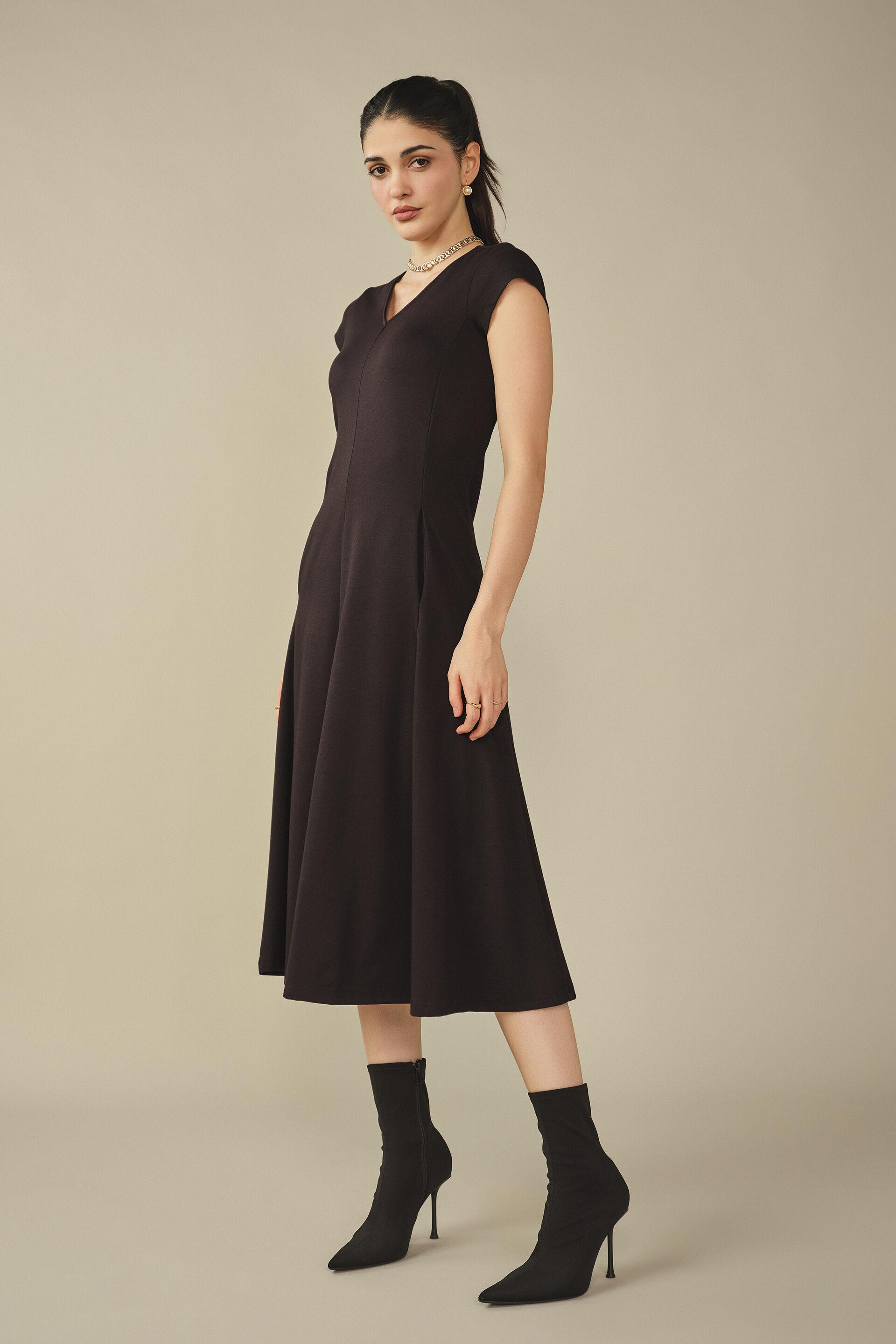Solid Fit & Flare Midi Dress in Black, Black, image 5