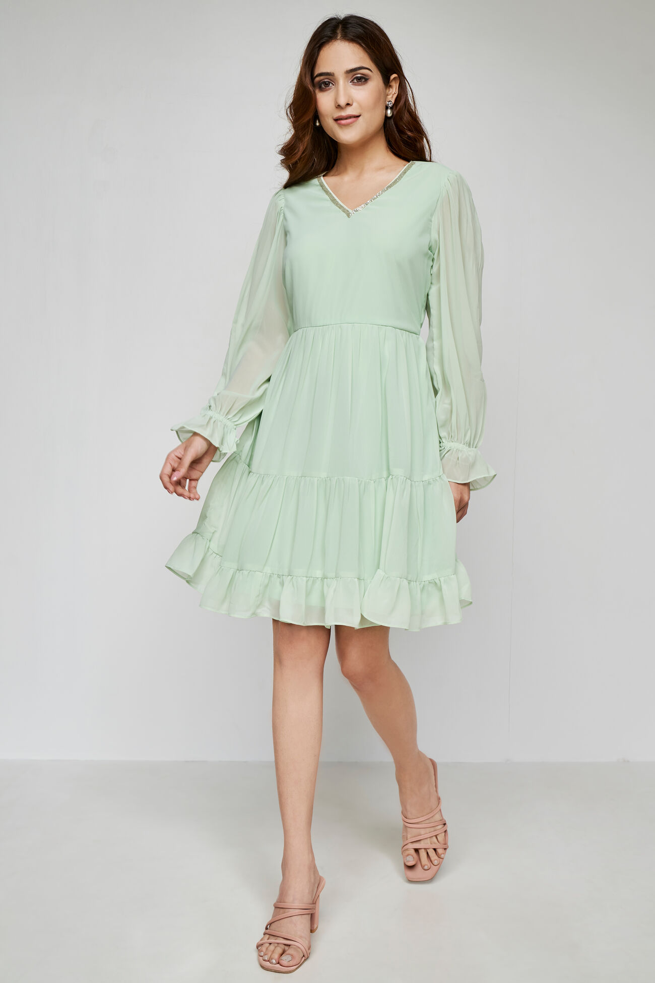 Light Green Knee Length Flared Fit And Flare Dress, Green, image 3