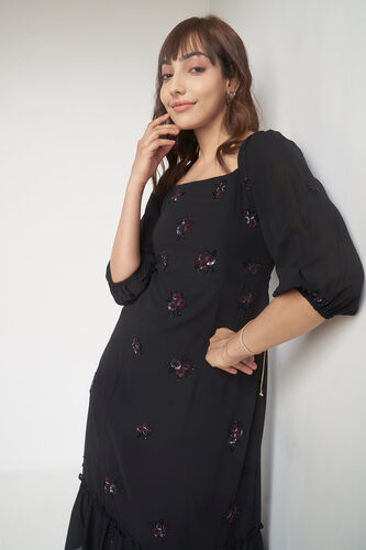 Black Floral Flared Dress, Black, image 1