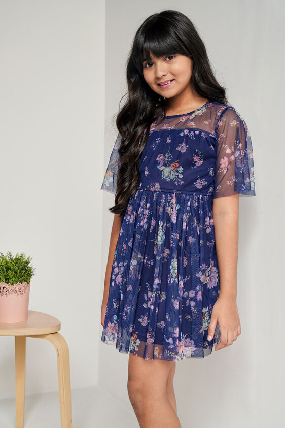Navy Floral Flared Dress, Navy Blue, image 4