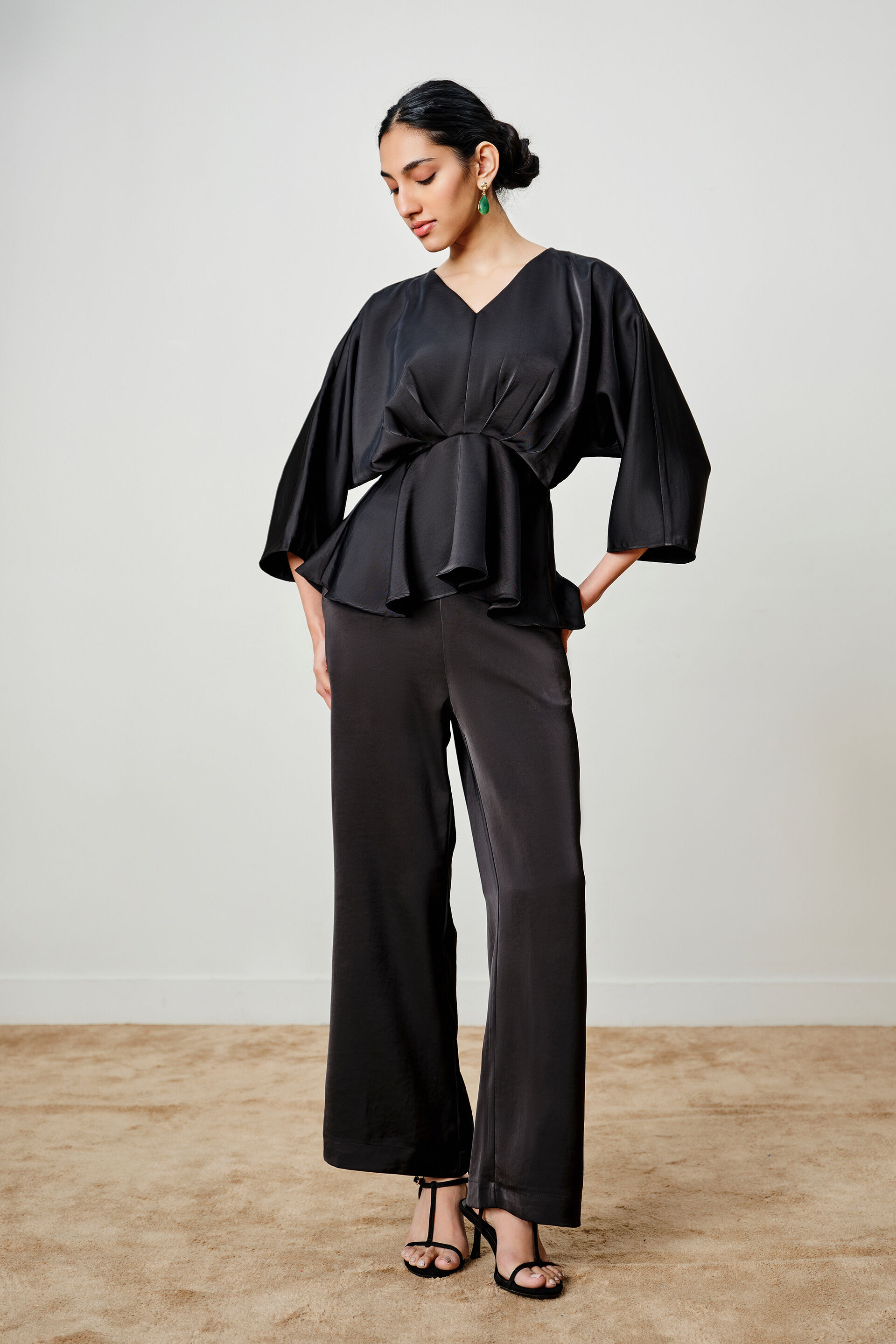 Black Pleated Peplum Top, Black, image 3