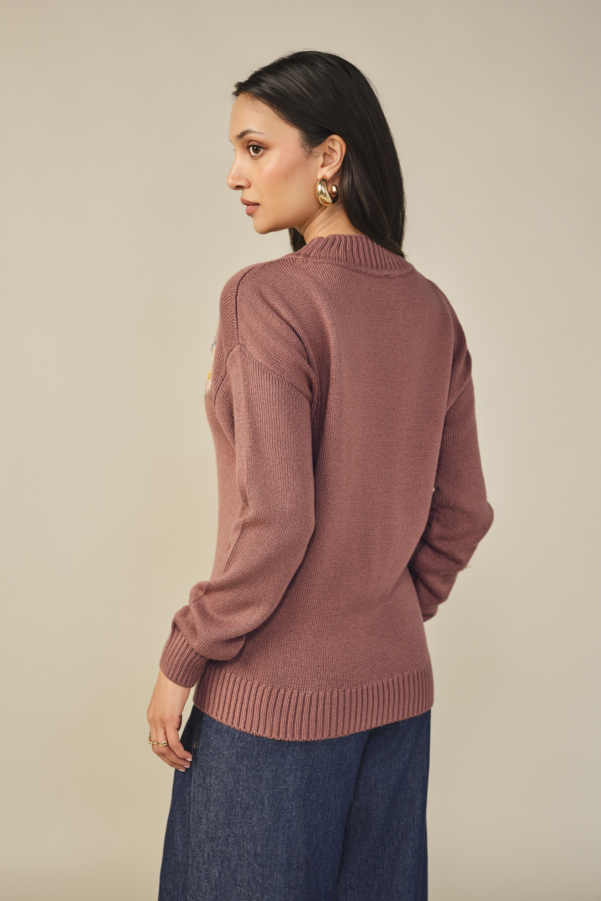Embroidered Cotton Sweater in Brown, Brown, image 6