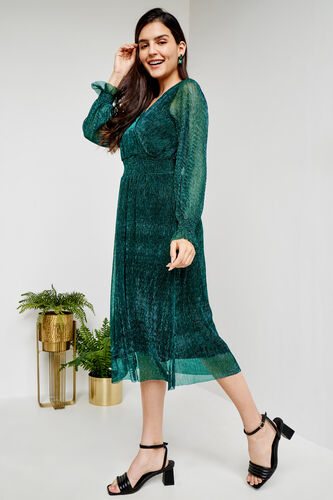 Green Solid Flared Dress, Green, image 1