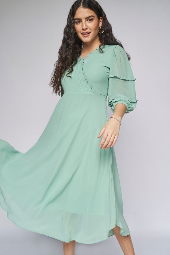 2 - Sage Green Solid Fit and Flare Dress, image 2