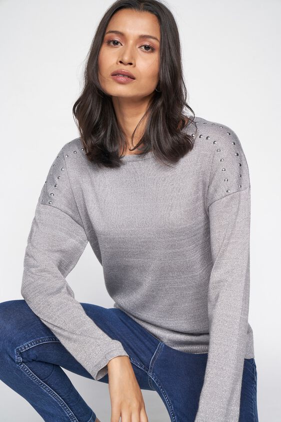 1 - Grey Self Design Sweater Top, image 1