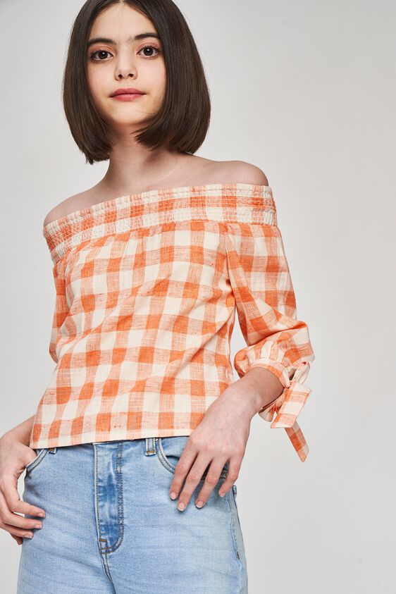 3 - Orange Checked Printed Off Shoulder Top, image 3