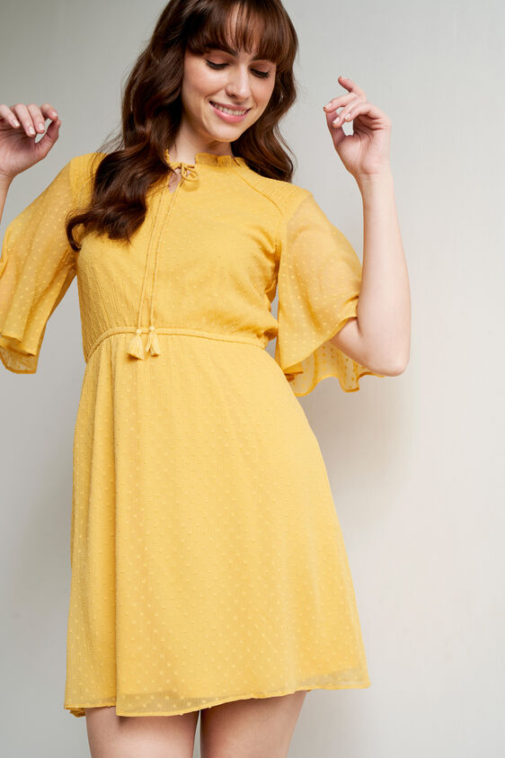 Yellow Solid Flared Dress, Yellow, image 1