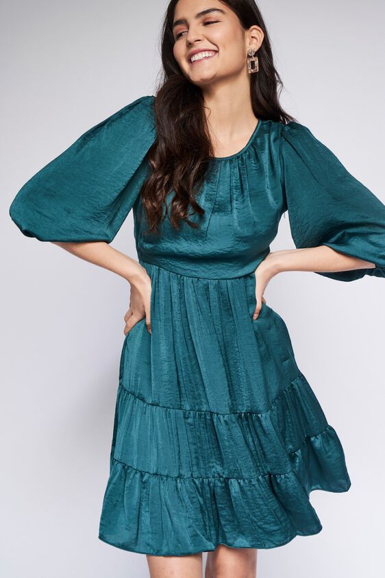 2 - Green Solid Flounce Dress, image 2