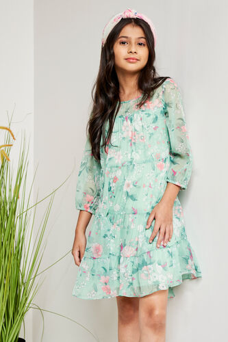 Green Floral Flared Dress, Green, image 1