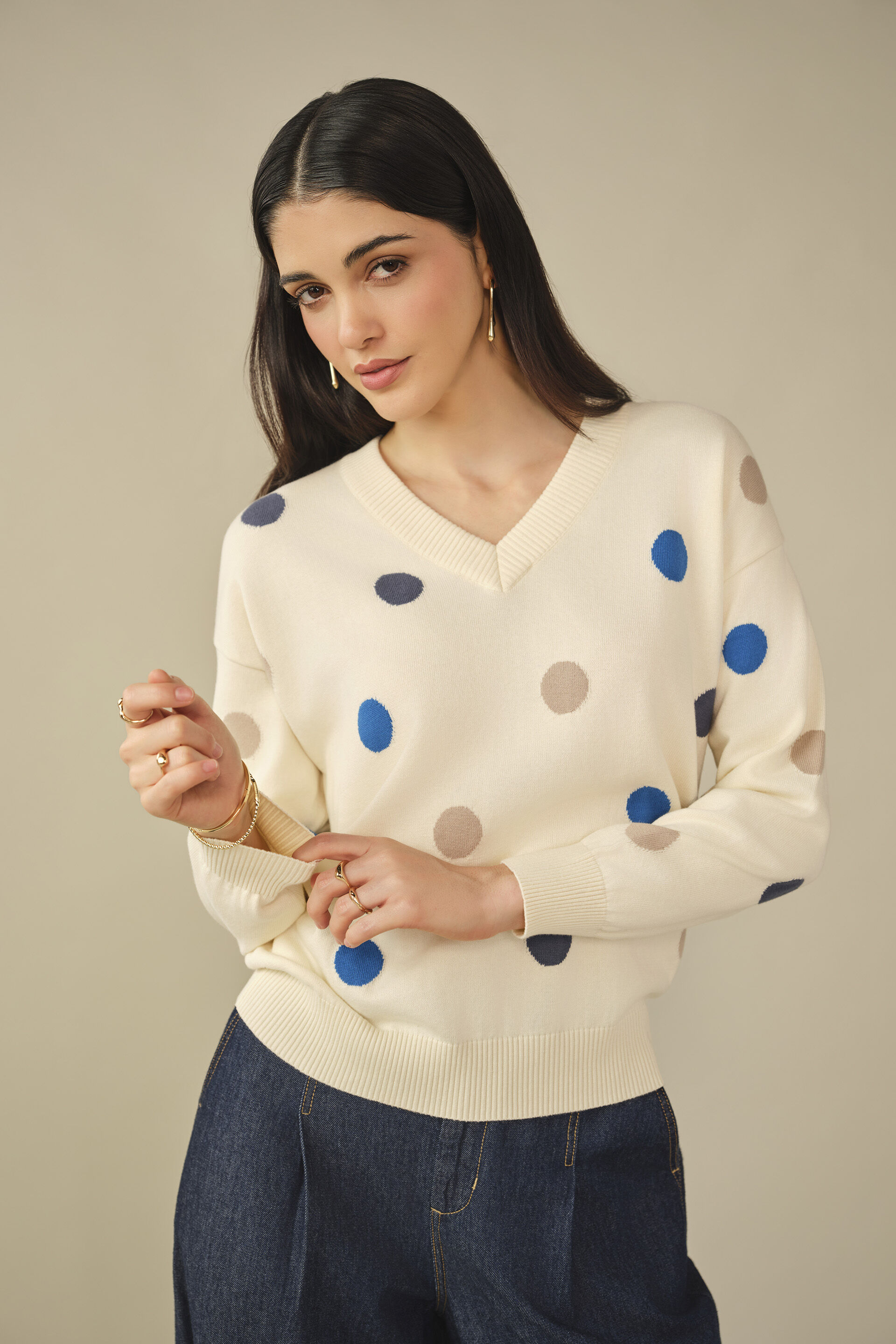 Polka Dot Pullover in White, White, image 3