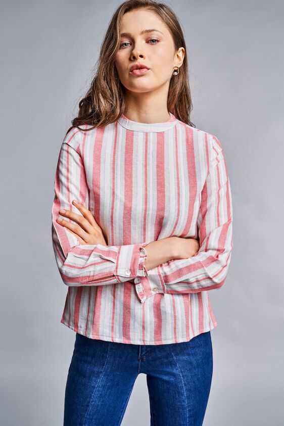 1 - Pink - White Stripes Mandarin Collar Cuff Top, image 1